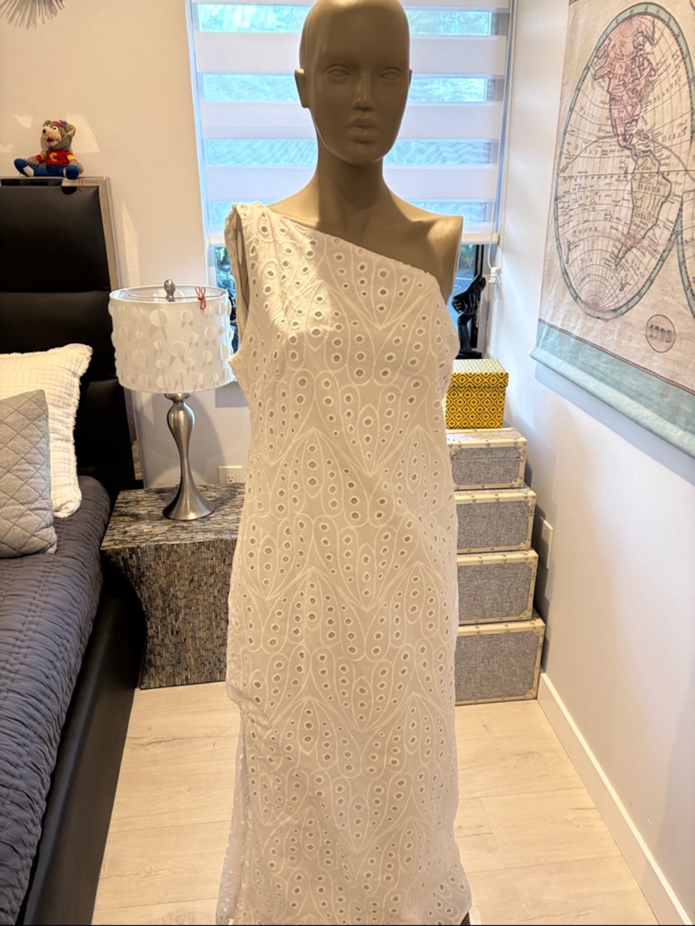 White One-Shoulder Eyelet Midi Dress